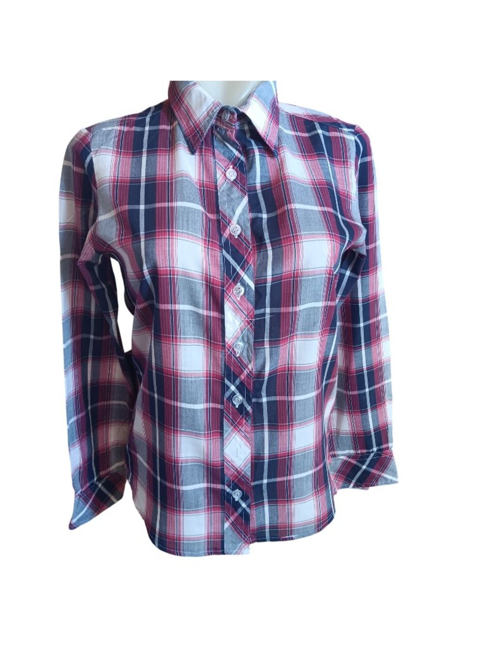 Vintage Small Plaid Shirt Womens Blouse 1980's Button-Up Long Sleeve Top
